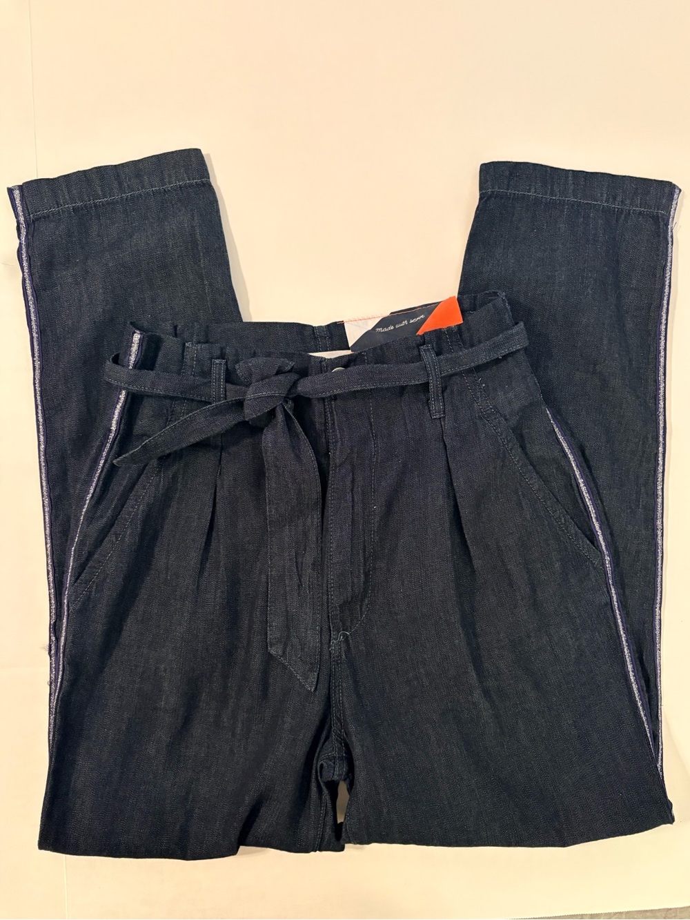 SUNDRY Belted Paperbag Denim Pants Blue Sparkle Stripe Size 27